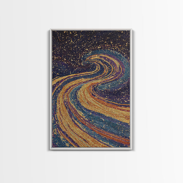 Swirling Gold Blue Cosmic River Canvas Print, Abstract Wall Art, Dreamy Galaxy Decor, Modern Boho Living Room Art Gift Poster