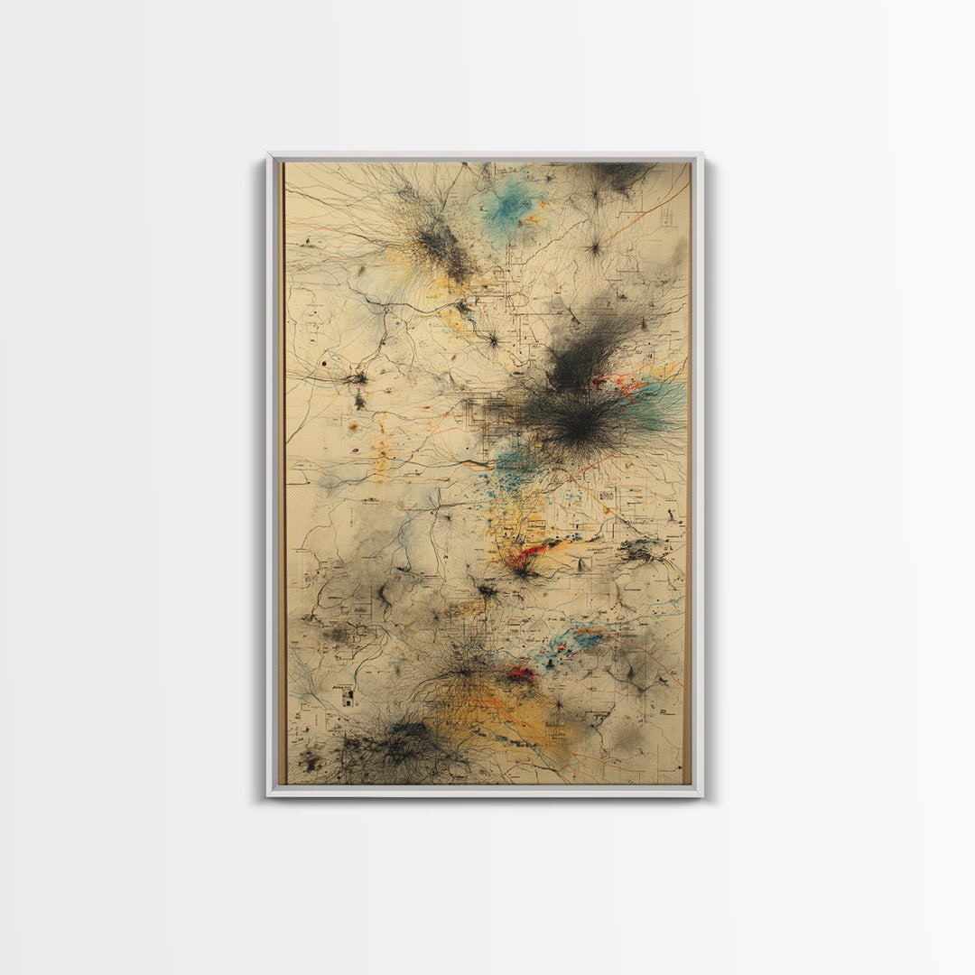 Smoky Beige Network Map Canvas Print, Abstract African Art Decor, Modern Office Wall Decor, Teal Black Gold Line Artwork