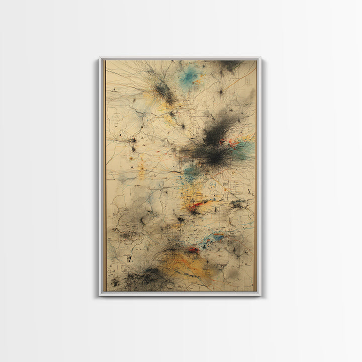 Smoky Beige Network Map Canvas Print, Abstract African Art Decor, Modern Office Wall Decor, Teal Black Gold Line Artwork
