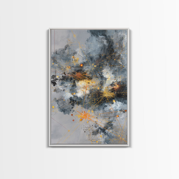 Stormy Gray Gold Network Canvas Print, Abstract African Art Decor, Modern Office Wall Art, Industrial Geometric Line Artwork