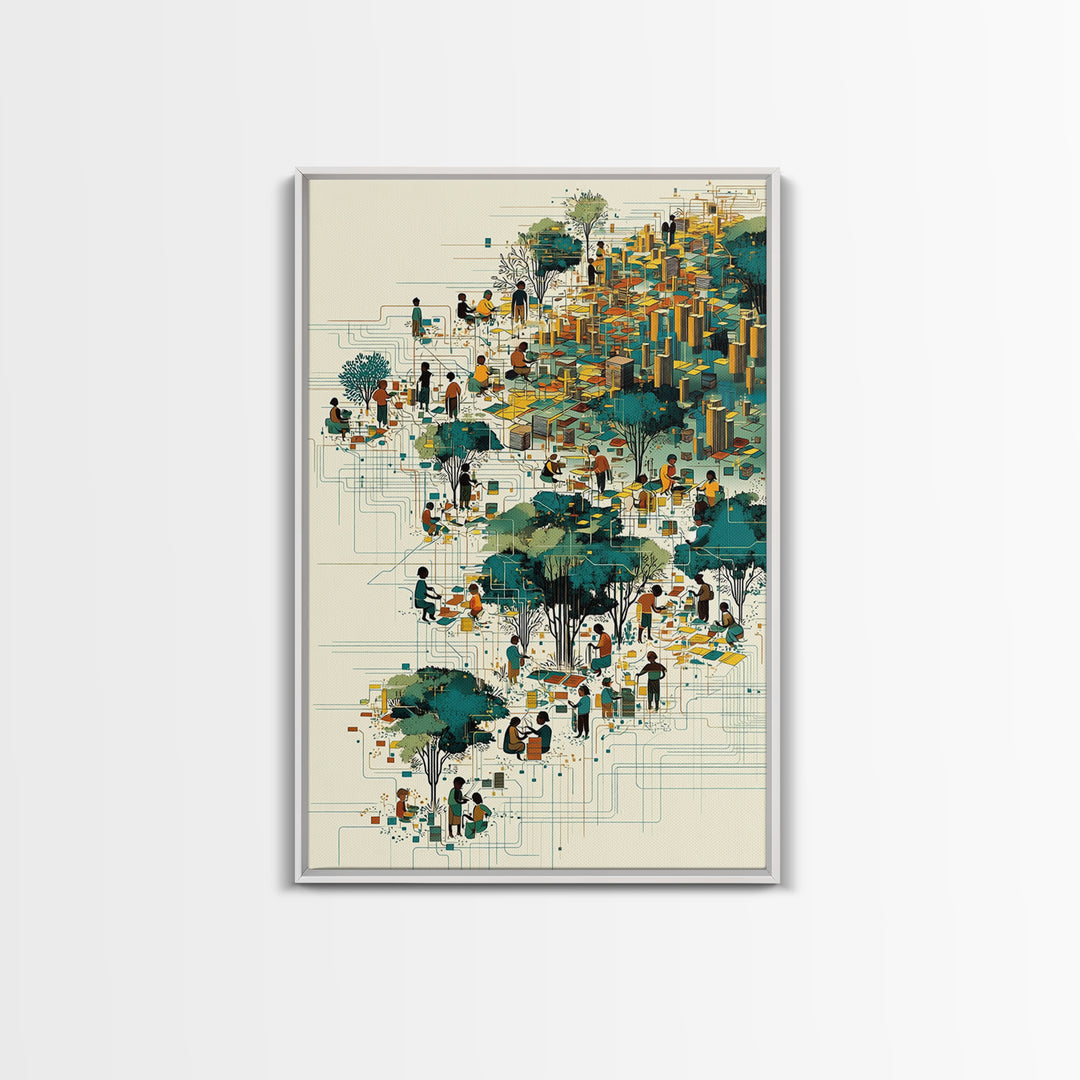 Vibrant African City Community Wall Art, Afrocentric Urban Landscape, Black Culture Art, Modern Teal Gold Decor Canvas Print