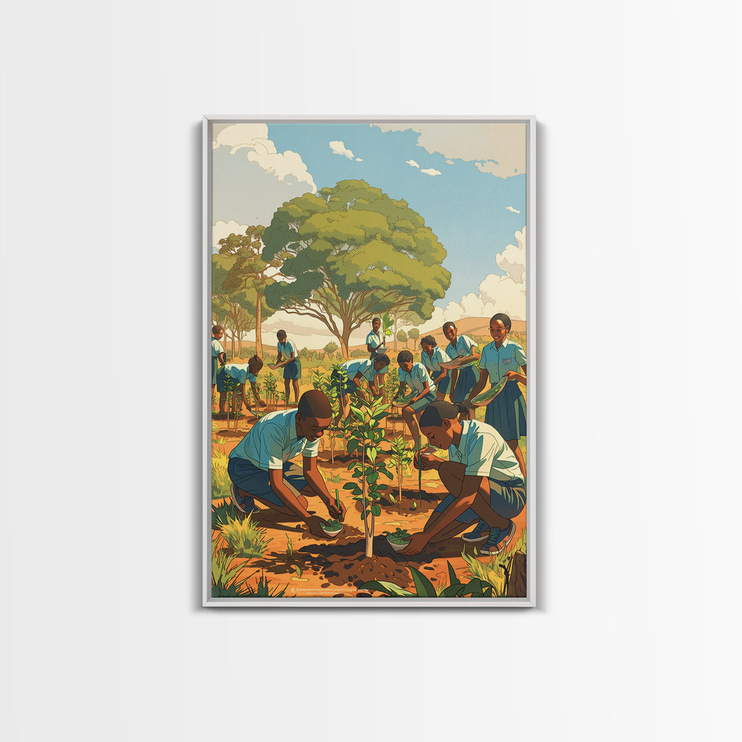 African School Garden Tree Planting Framed Canvas Print, Black Children Art, Community Nature Scene, Cultural Wall Decor
