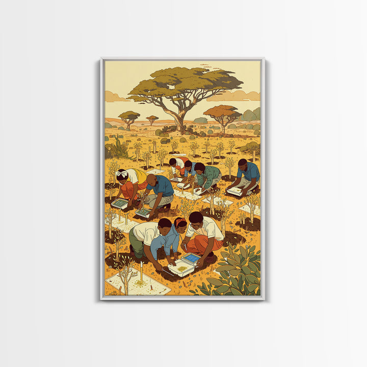 Children Planting Saplings In Golden Savanna Canvas Print, African Safari Art, Classroom Decor, Cultural Artwork Gift For Kids