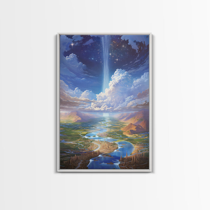 Celestial River City With Starry Waterfall Canvas Print, Dreamy Wall Art, Blue Home Decor Gift, Large Decor Art, Statement Wall Art