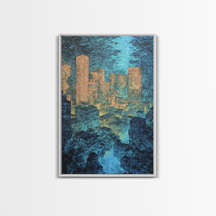 Textured Blue Gold City Skyline Wall Art, Modern Urban Office Decor, Contemporary Canvas, Luxury Canvas Art Print, Large Wall Art Prints