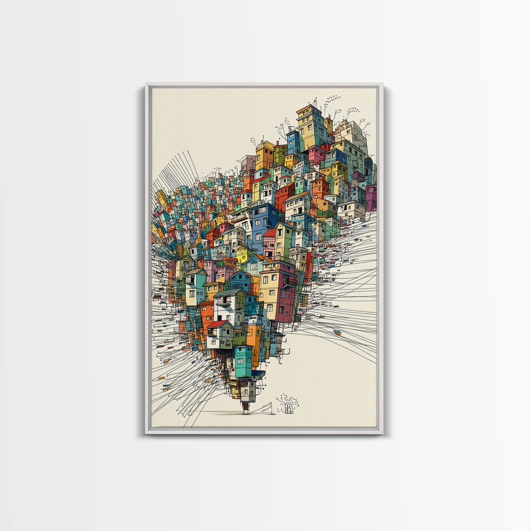 Stacked Colorful Hillside Houses Framed Canvas Print, Urban Wall Art, Geometric Design, Bold Home Decor Gift, Statement Wall Art