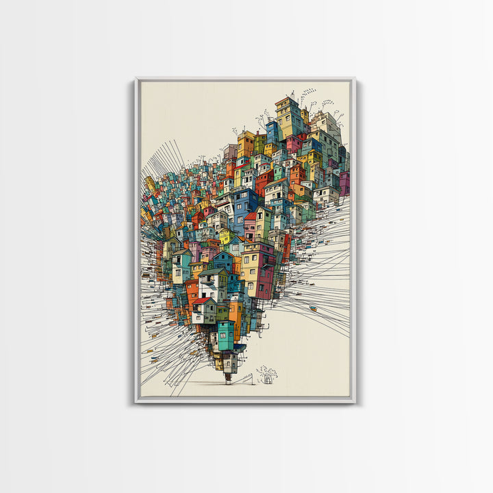 Stacked Colorful Hillside Houses Framed Canvas Print, Urban Wall Art, Geometric Design, Bold Home Decor Gift, Statement Wall Art