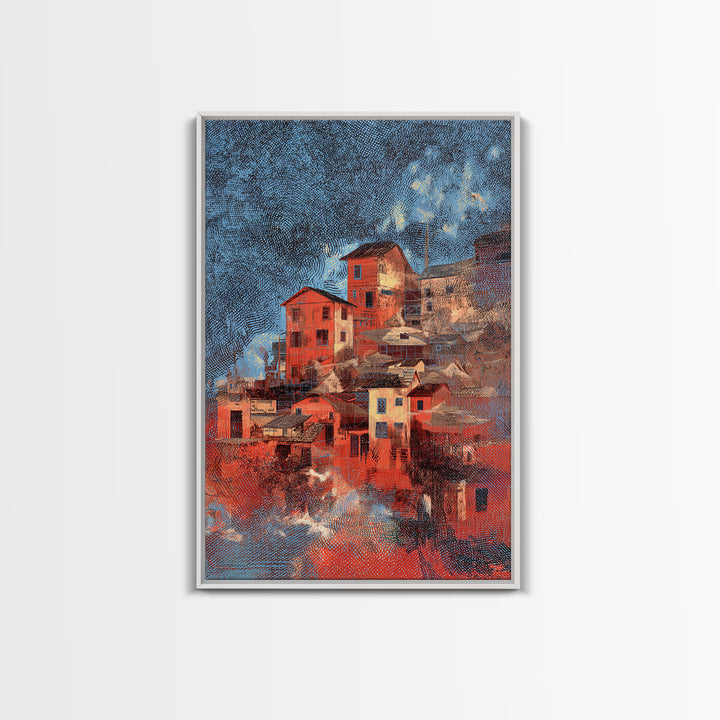 Red Hillside Village At Starry Night Canvas Print, Cozy Winter Wall Art, Rustic Decor, Unique Home Decor Gift, Orange Blue Painting
