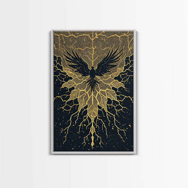 Black And Gold Bird With Roots Wall Art, Spiritual Wall Decor, Mystical Wall Art, Elegant Home Decor, Unique Canvas Art Print