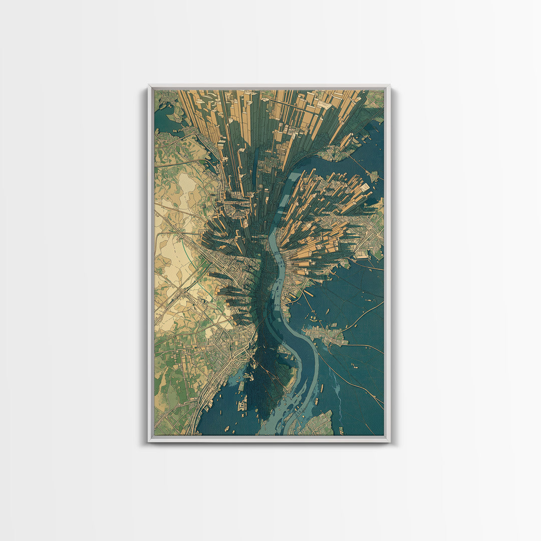 Aerial City Map Canvas Print, Urban Wall Art, Modern Architecture Poster, Teal And Gold Art, Office Decor, Statement Wall Art