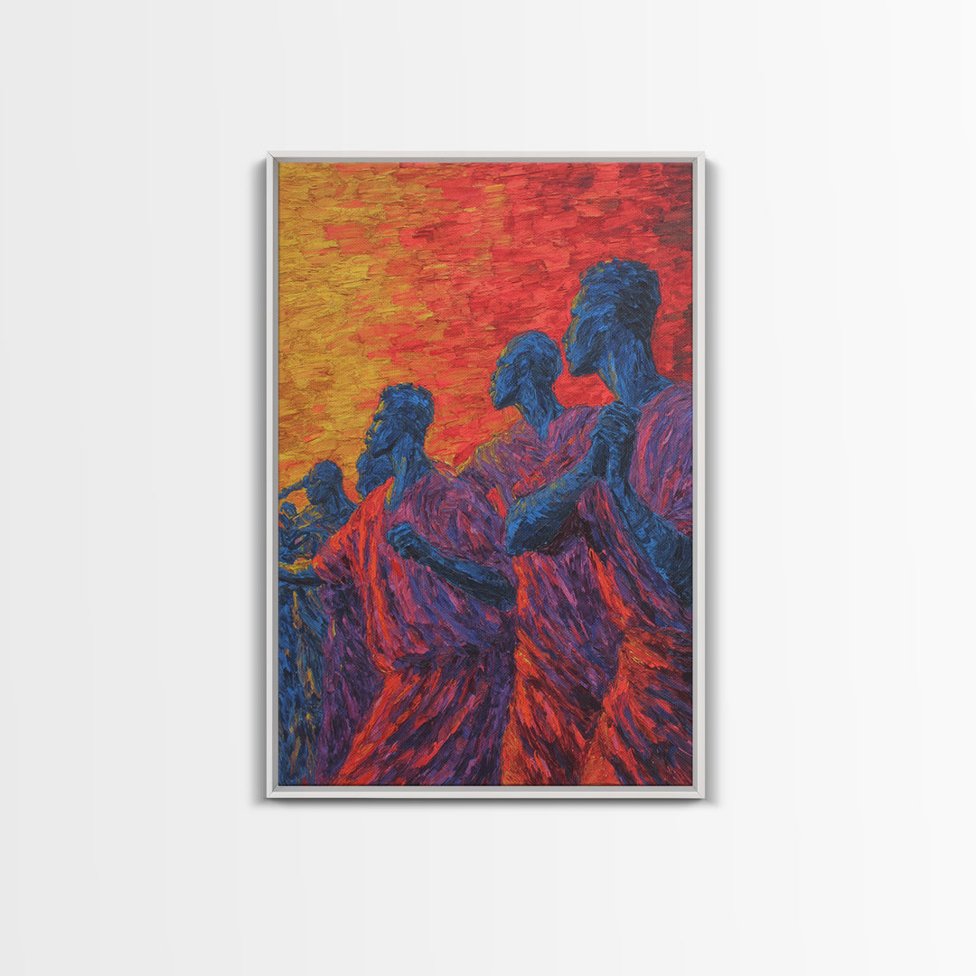 Blue African Figures At Sunset Wall Art, African Women Art, Cultural Art Print, Colorful African Art, Living Room Decor Gift