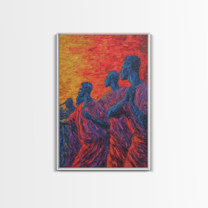 Blue African Figures At Sunset Wall Art, African Women Art, Cultural Art Print, Colorful African Art, Living Room Decor Gift