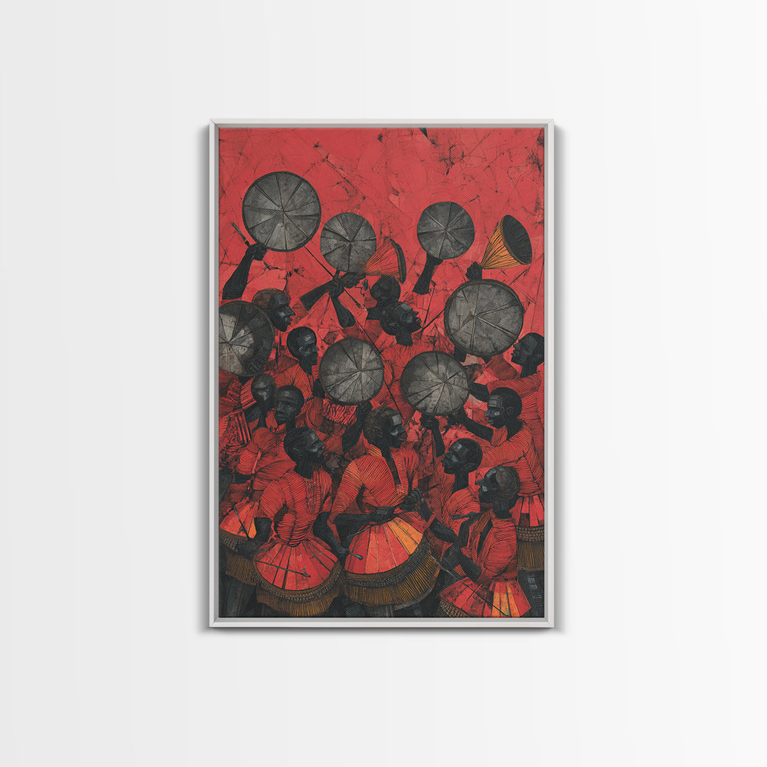 Red Drummers And Round Shields Celebration, African Wall Art, Tribal Art Print, Cultural Home Decor, Vibrant Canvas Print