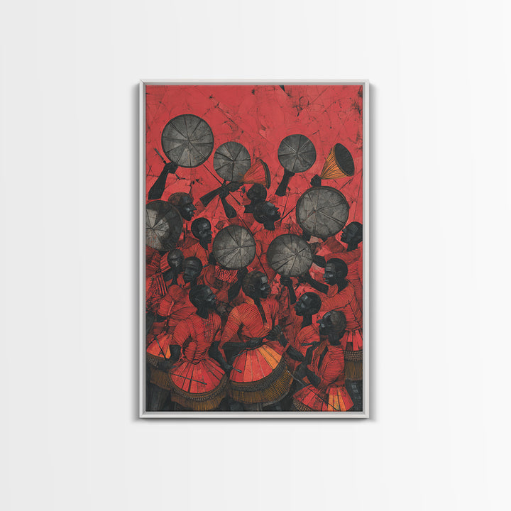 Red Drummers And Round Shields Celebration, African Wall Art, Tribal Art Print, Cultural Home Decor, Vibrant Canvas Print