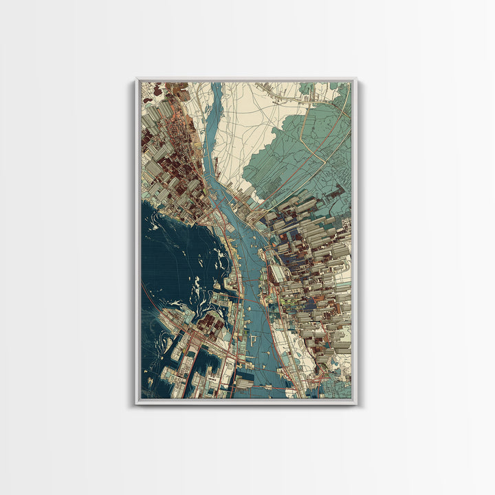 Aerial Coastal City Map With Blue Water, Urban Wall Art, Location Map Print, Modern Office Decor, Gallery Home Decor, Canvas Print