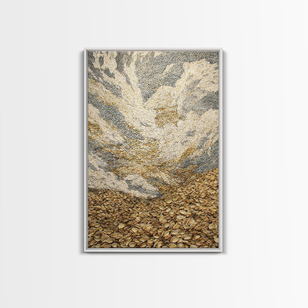 Golden Pebble Hills And Swirling Clouds, Nature Scene Wall Art, Earth Tone Art Print, Textured Boho Home Decor, Canvas Print
