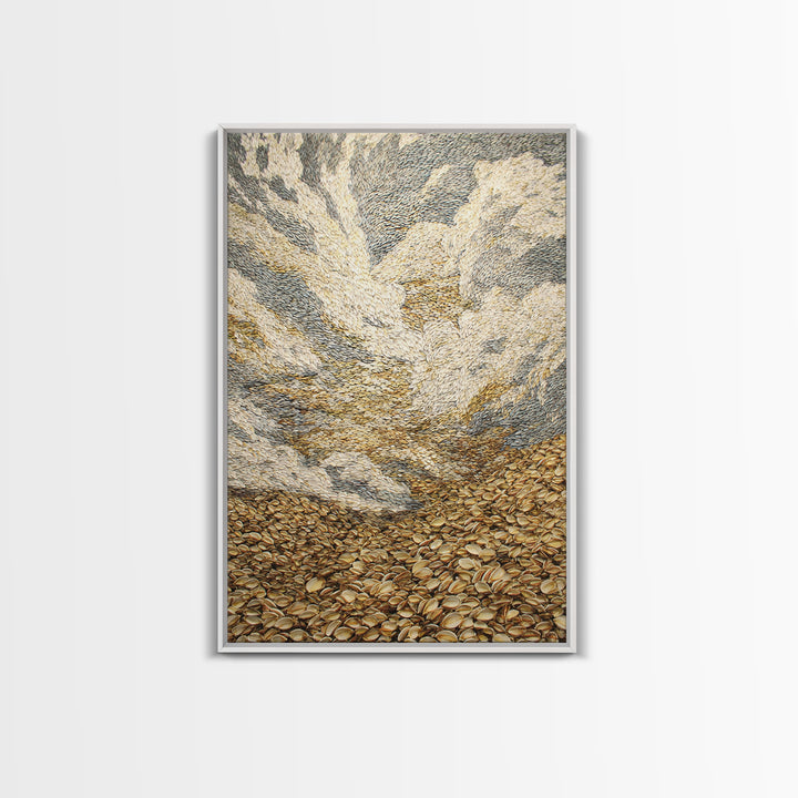 Golden Pebble Hills And Swirling Clouds, Nature Scene Wall Art, Earth Tone Art Print, Textured Boho Home Decor, Canvas Print