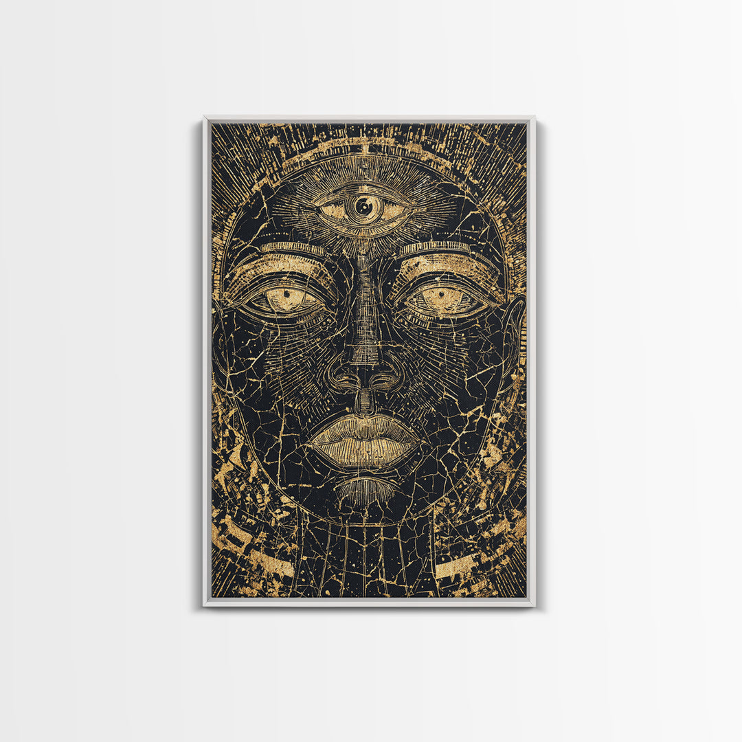 Golden Third Eye African Mask Face, African Wall Art, Ancient African Art Print, Black And Gold Mystical Decor, Canvas Print