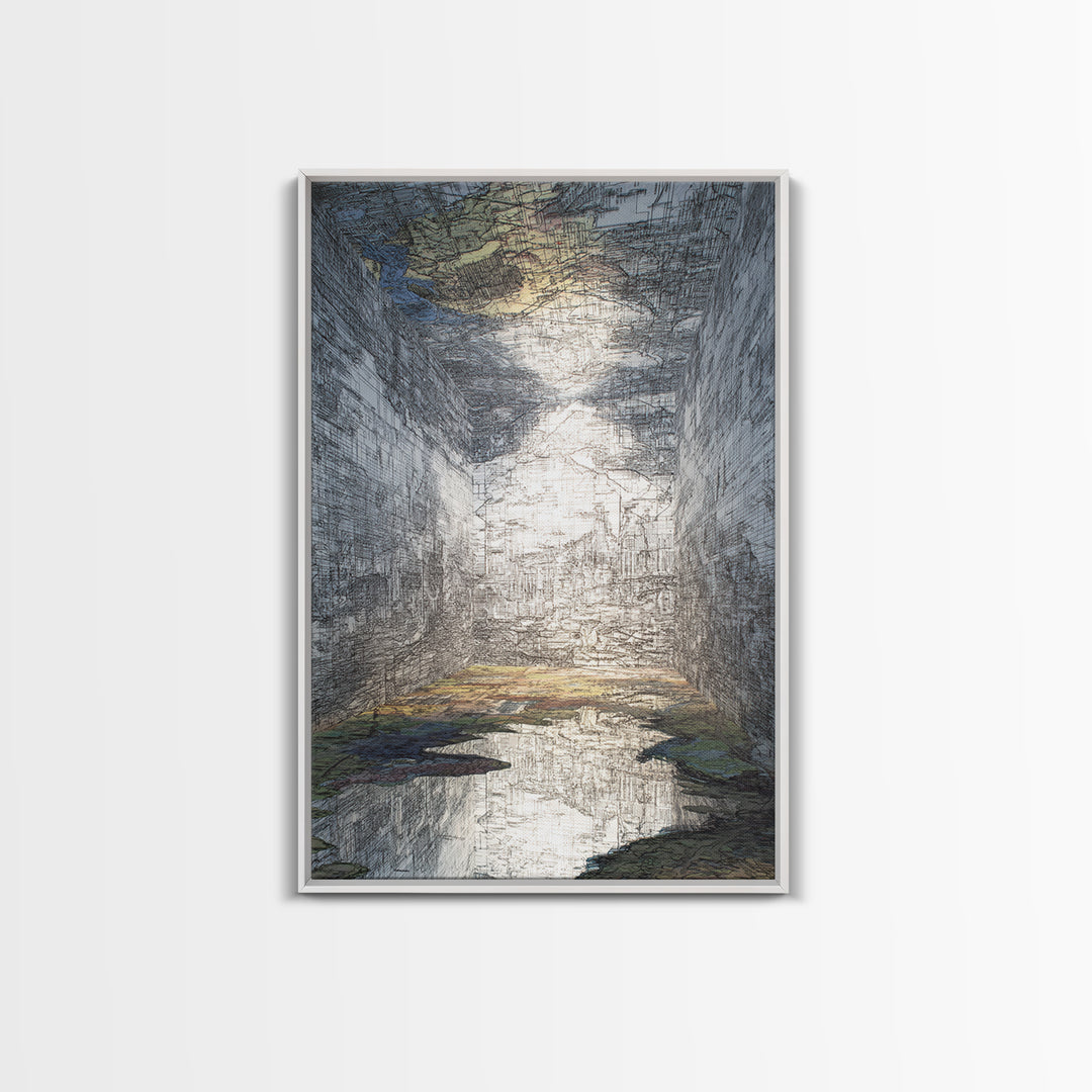 Abstract Urban Canyon Reflection Wall Art, Moody Blue Cityscape Print, Modern Architecture Decor, Statement Living Room Art