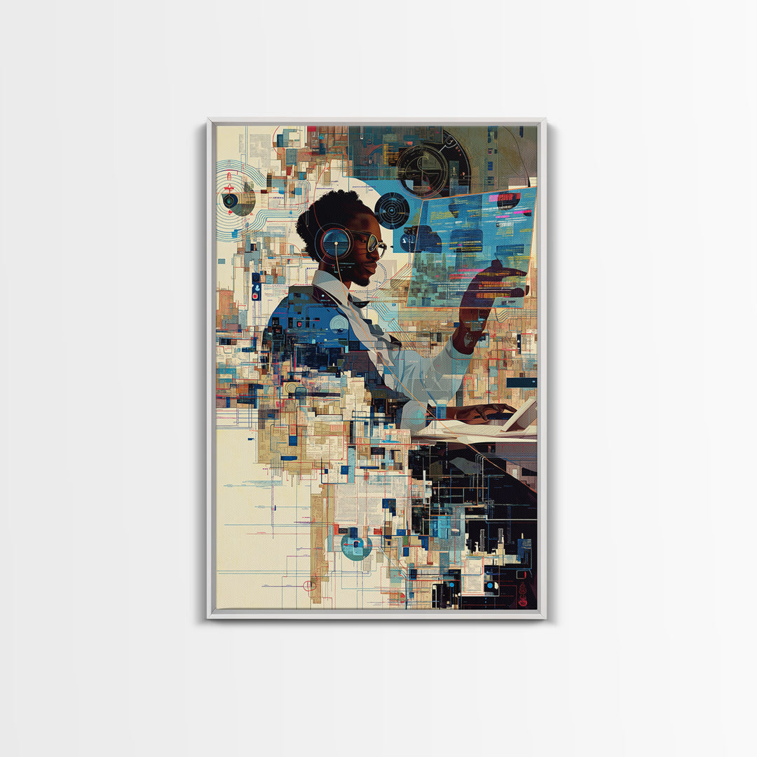 Black Woman Scientist Hologram Wall Art, Afrofuturism Portrait, African American Art Print, Modern Tech Office Decor Gift