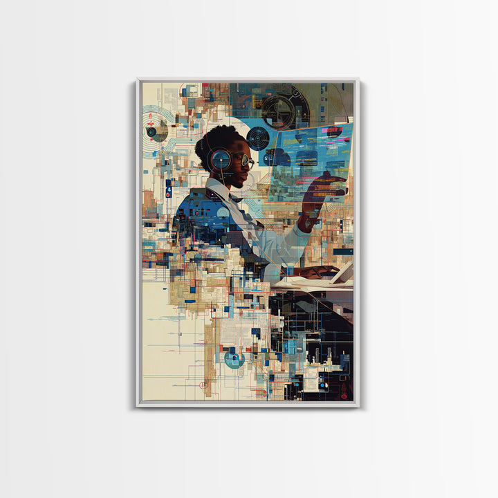 Black Woman Scientist Hologram Wall Art, Afrofuturism Portrait, African American Art Print, Modern Tech Office Decor Gift