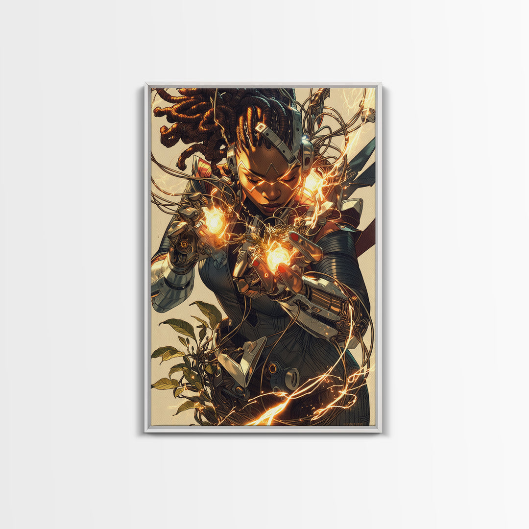 Cyberpunk African Warrior Woman Framed Canvas Print, Afrofuturism Wall Decor, Black Girl Magic, Futuristic Energy Art Gift