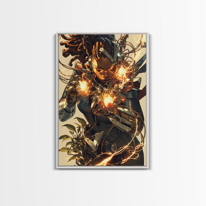 Cyberpunk African Warrior Woman Framed Canvas Print, Afrofuturism Wall Decor, Black Girl Magic, Futuristic Energy Art Gift