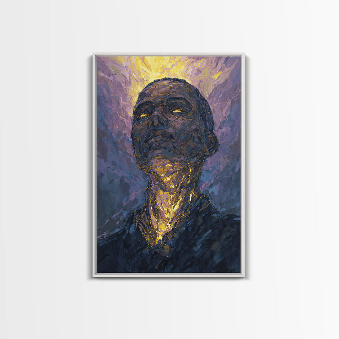 Radiant Black Man Portrait Wall Art, Gold Halo Abstract Painting, Modern African American Art, Spiritual Home Decor Gift