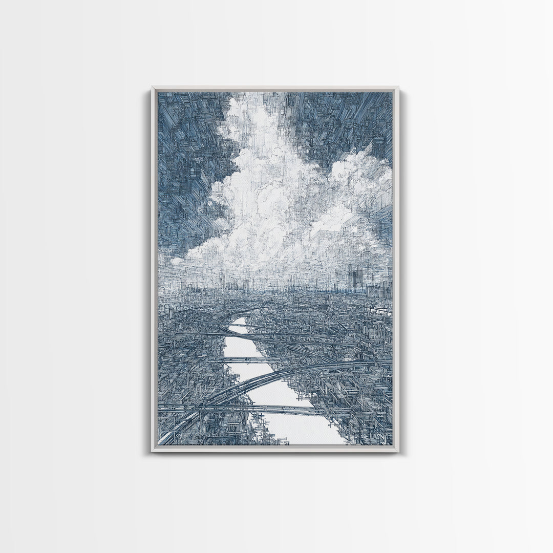 Intricate City River Cloud Wall Art, Blue Gray Urban Landscape Print, Modern Architecture Decor, Large Living Room Art Gift