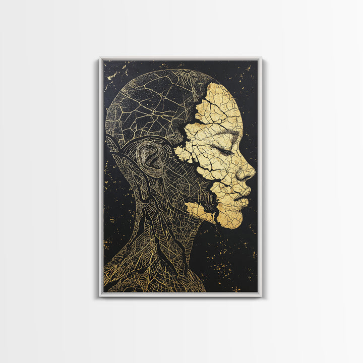Gold Anatomical Profile Framed Canvas Print, Abstract Face Art, Black And Gold Wall Decor, Luxury Modern Portrait Gift For Him