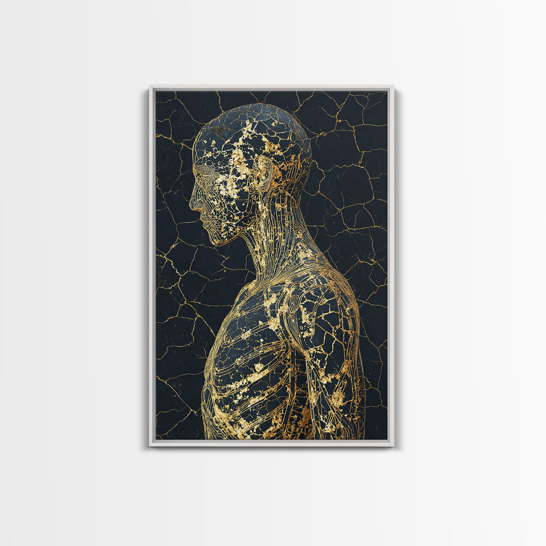 Gold Line Anatomical Figure Wall Art, Abstract Black Art, Luxury Canvas Decor, Modern Minimalist Portrait, Gift For Him Decor