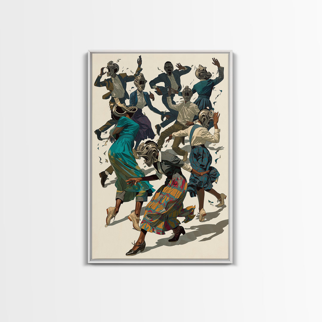 African Masked Dancers Celebration Canvas Print, African Tribal Art, Cultural Wall Decor, Colorful Afrocentric Home Gift