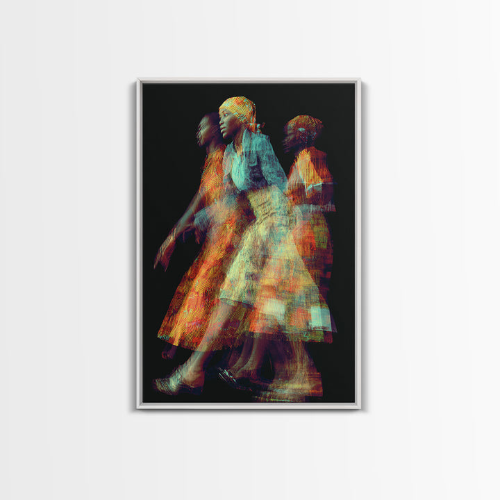 Glowing African Women In Motion Framed Canvas Print, Abstract Textile Portrait, Afrocentric Black Woman Wall Decor Art Gift
