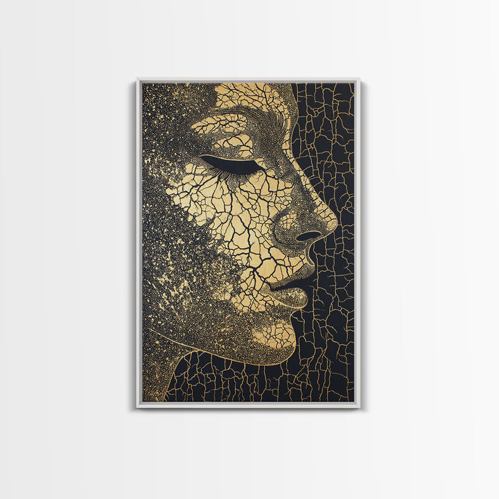 Golden Cracked African Woman Profile Wall Art, Elegant Black And Gold Portrait, Modern Afrocentric Luxury Canvas Decor Gift