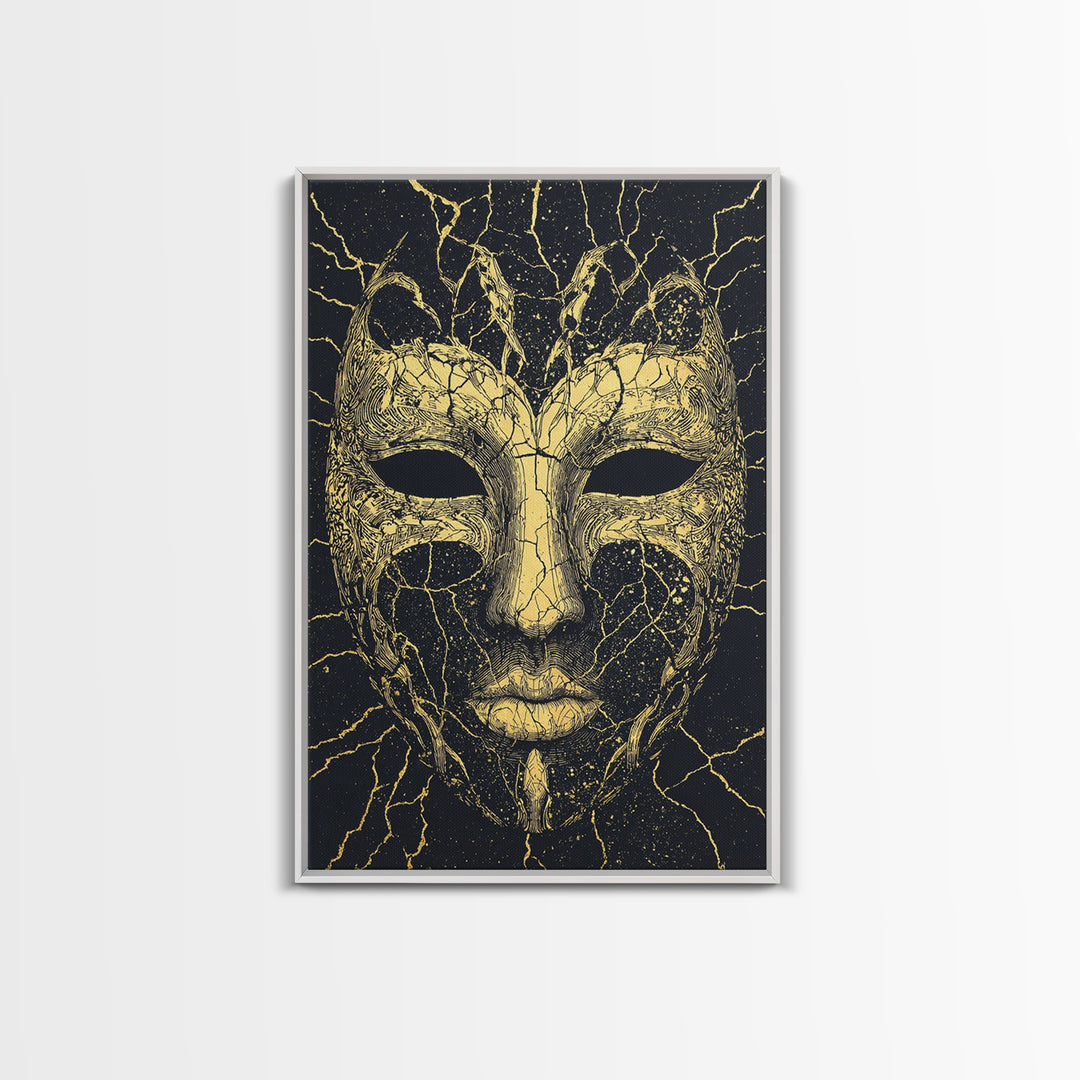 Gold African Mask Canvas Print, Black Cracked Tribal Face Art, Mystical Afrocentric Wall Decor, Unique Statement Gift For Home