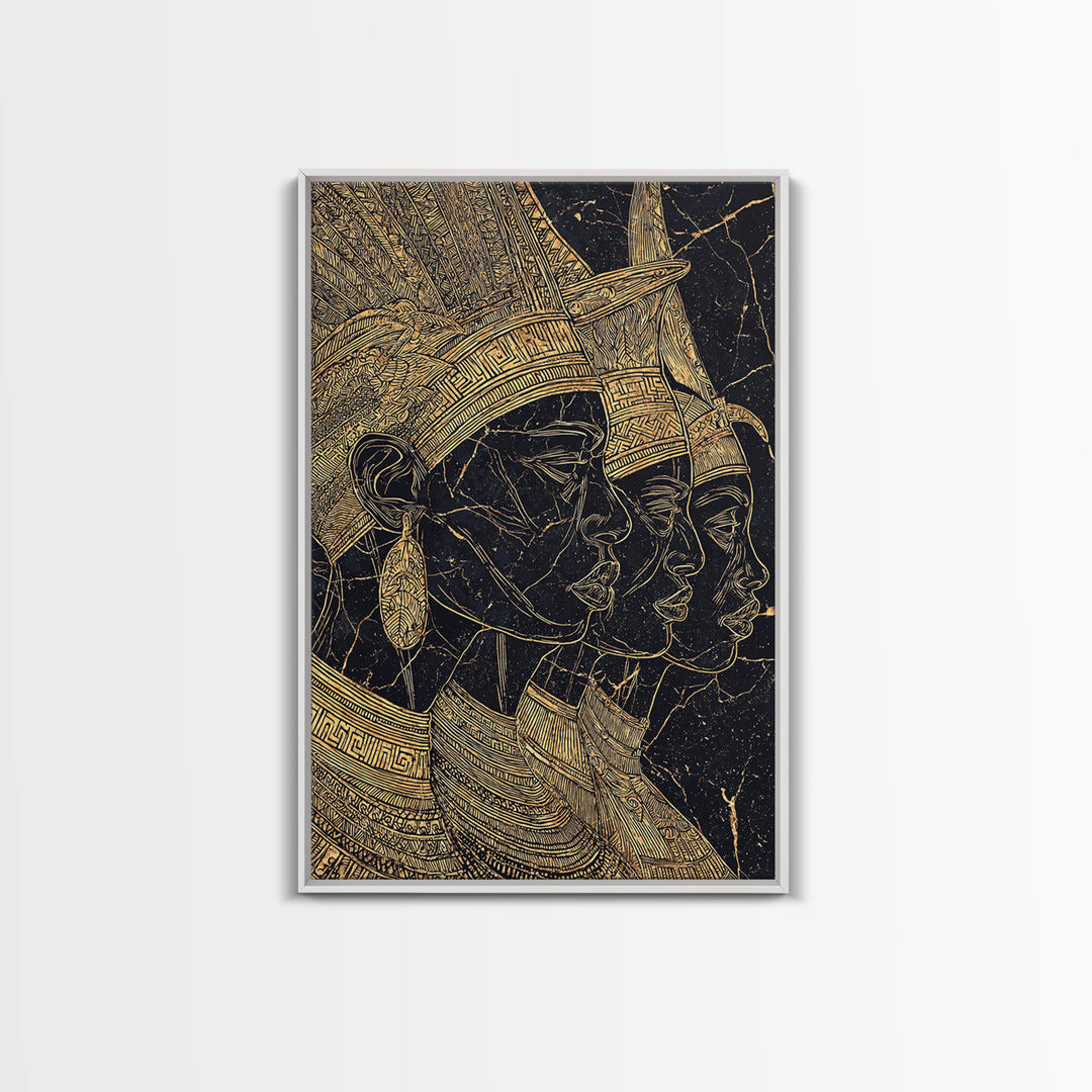 Regal African Queens Gold Line Wall Art, Black And Gold Headdress Portraits, Egyptian Inspired Afrocentric Cultural Home Decor Gift