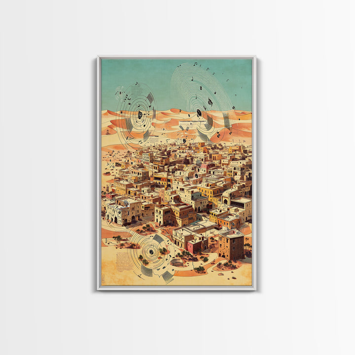 Desert City With Abstract Sound Waves Wall Art, North African Landscape Print, Modern Travel Poster, Earth Tone Home Decor