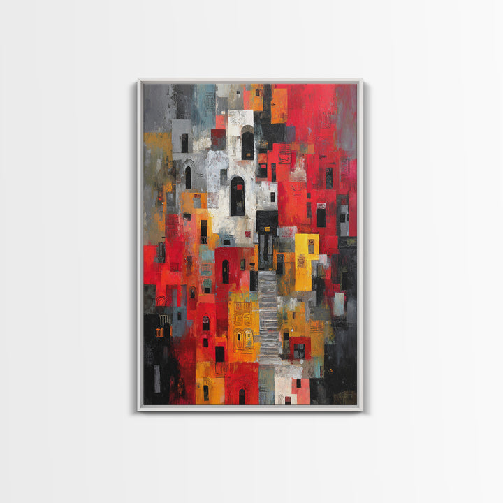 Red Black Abstract City Facades Framed Canvas Print, Modern African Wall Art, Urban Architecture Decor, Bold Home Decor Art