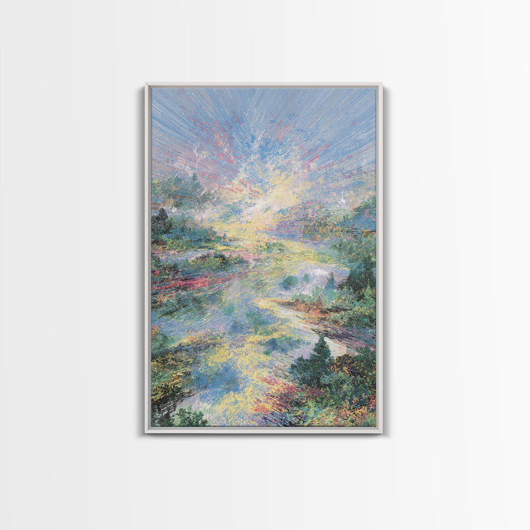 Luminous River Sunrise Landscape Framed Canvas Print, Dreamy Wall Art, Nature Scene Art, Serene Living Room Decor, Home Decor Gift