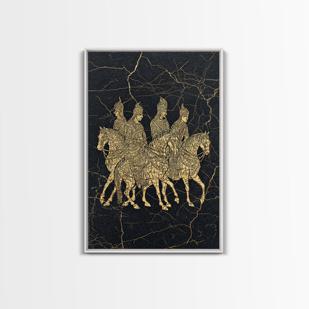 Golden African Horse Warriors On Black Stone Wall Art, African Warrior Art, Tribal Art Decor, Black Gold Canvas Decor Print