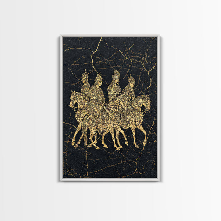 Golden African Horse Warriors On Black Stone Wall Art, African Warrior Art, Tribal Art Decor, Black Gold Canvas Decor Print