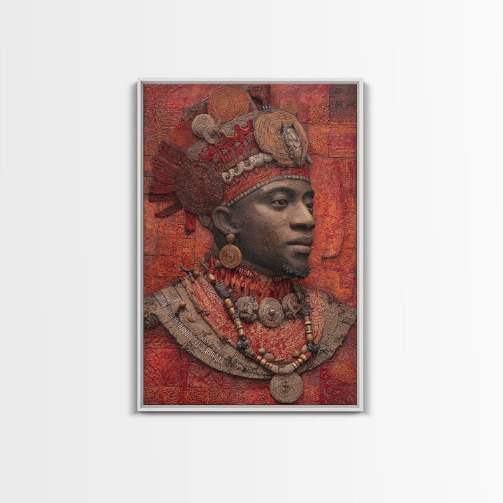 Ornate African Royal Man With Headdress Framed Canvas Print, African Portrait, Tribal Art Print, Red Cultural Wall Decor