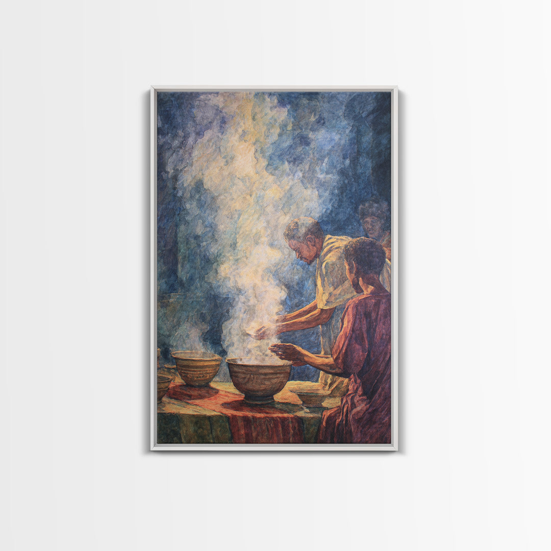 African Community Cooking Ritual With Steaming Bowls Wall Art, Cultural Home Decor, Ethnic Art Print, Warm Kitchen Poster