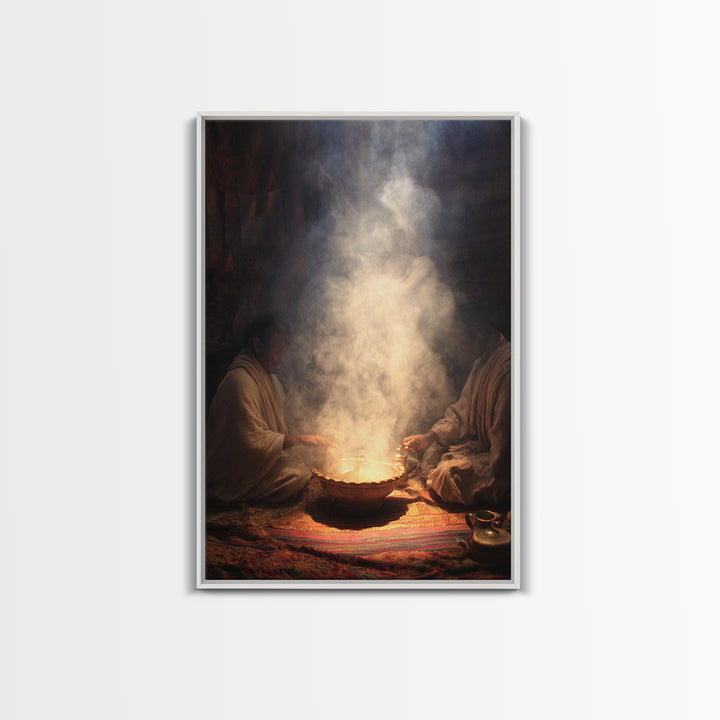Two African Men Beside Smoky Ritual Pot Framed Canvas Print, Spiritual Wall Art, Cultural Decor, Earth Tone Home Decor Gift