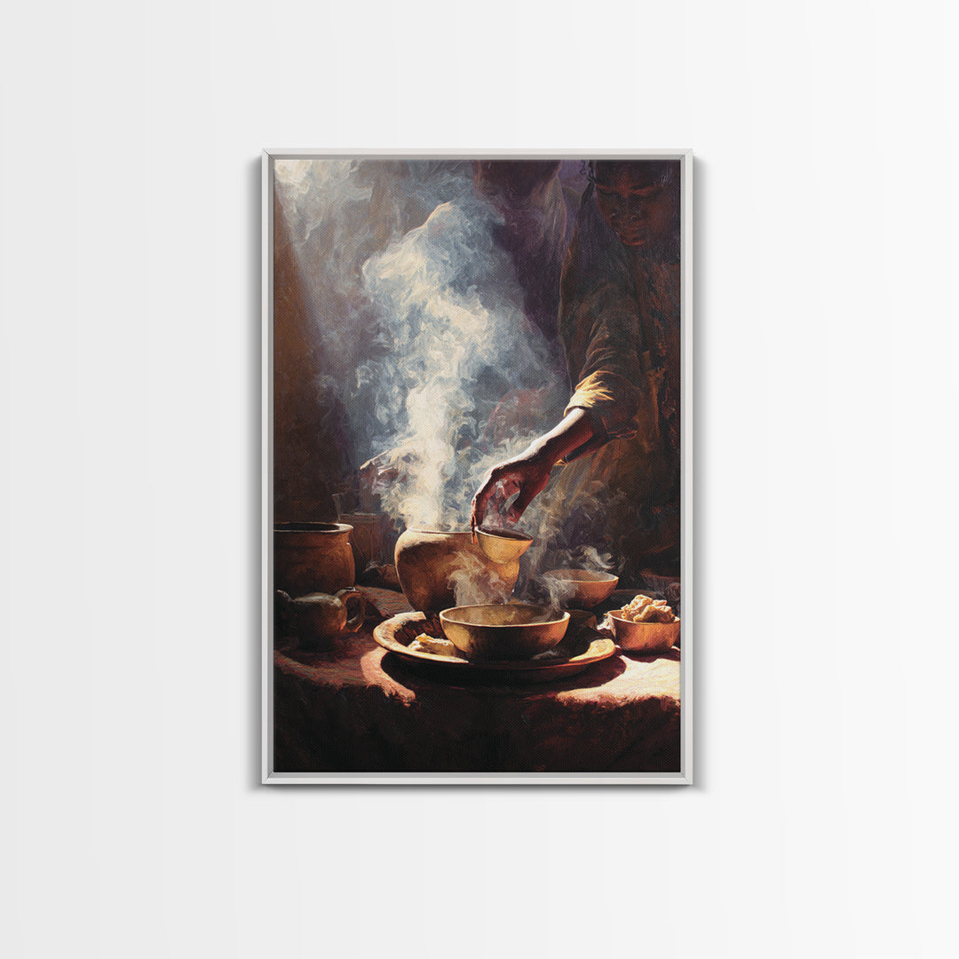 Steaming African Tea And Coffee Ceremony Still Life Canvas Print, Warm Kitchen Wall Art, Cultural Decor, Brown Black Art Decor