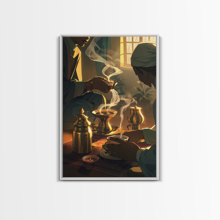 Sunlit African Tea Ceremony With Brass Vessels Wall Art, Afrocentric Decor, Boho Home Decor, Warm Cultural Canvas Print Gift