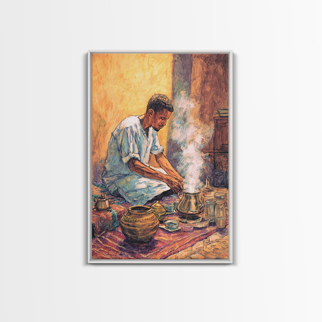 Seated African Man Preparing Smoky Coffee Canvas Print, Cultural Wall Art, Earth Tone Decor, Bohemian Home Decor Gift For Him