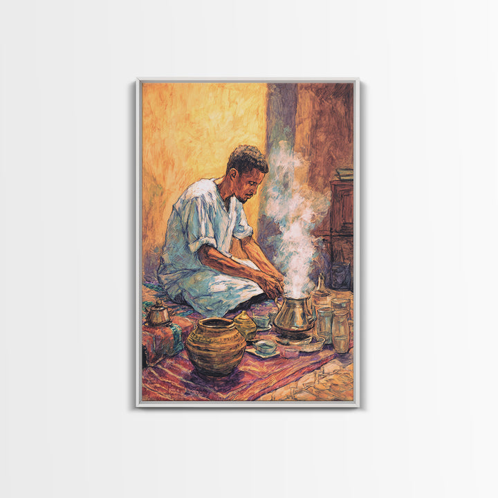 Seated African Man Preparing Smoky Coffee Canvas Print, Cultural Wall Art, Earth Tone Decor, Bohemian Home Decor Gift For Him