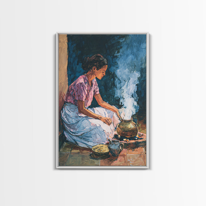 African Woman Cooking Steam Wall Art, Afrocentric Kitchen Portrait Canvas Print, Cultural Home Decor, Gift For Her, Blue Orange Painting