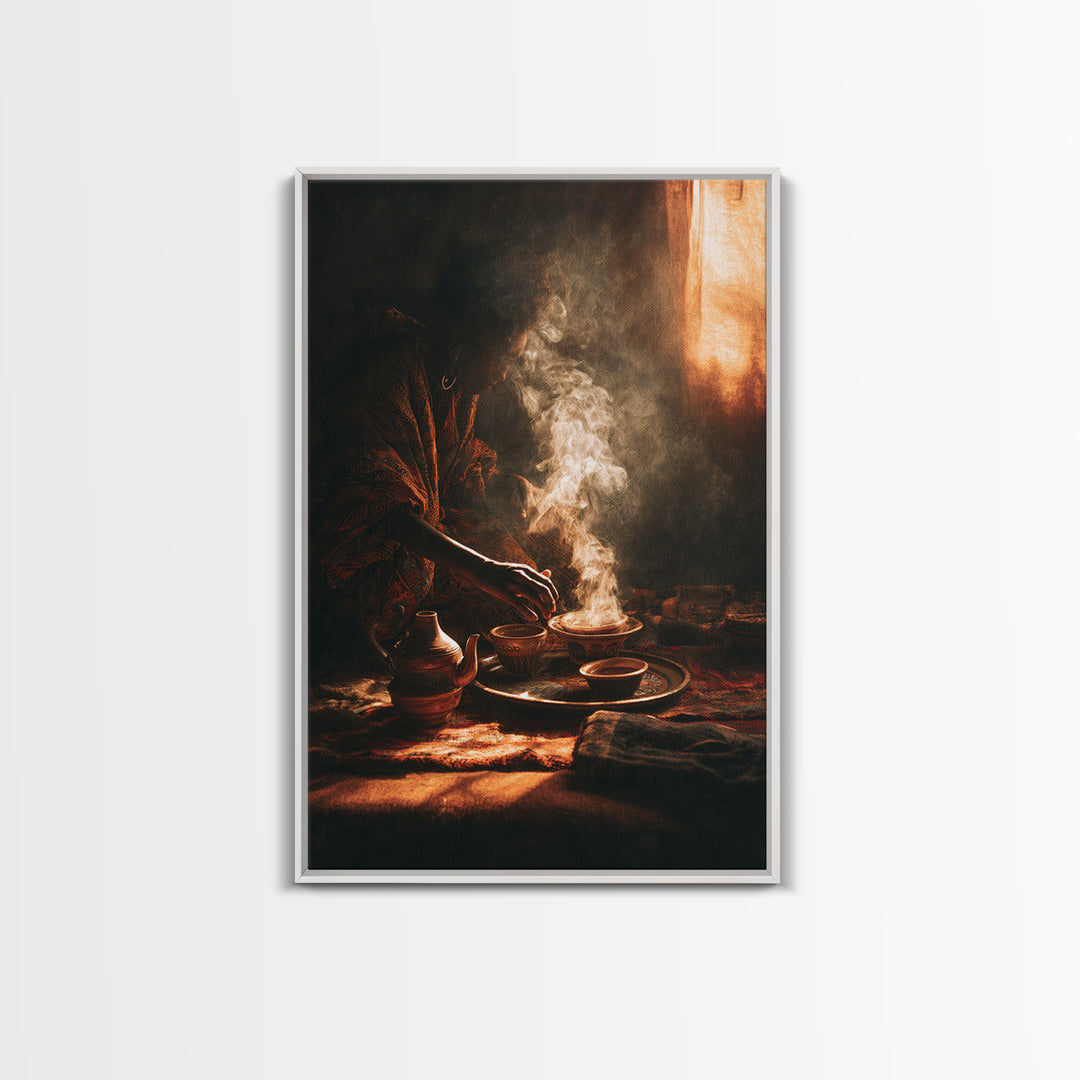 Moody African Woman Tea Ritual Wall Art, Incense Smoke Canvas Print, Afrocentric Decor, Black Culture Art, Gift For Her, Home Decor